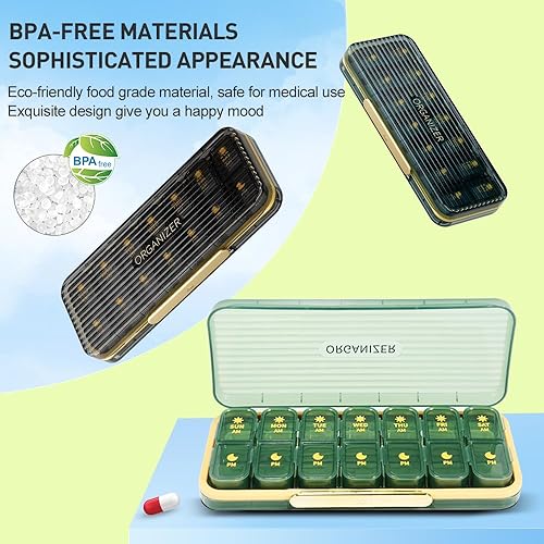 Miniatura 2 de Pastillero semanal 2 veces al día, pastillero de viaje para 7 días con compartimento grande, dispensador diario de píldoras, contenedor de