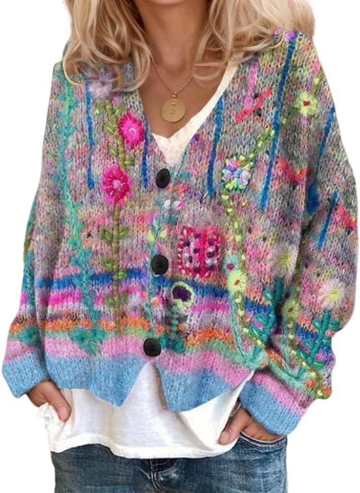Akivide Women's Colorful Floral Print Long Sleeve Cardigan Casual Loose Open Front Button Down V Neck Knitted Coat Outwear