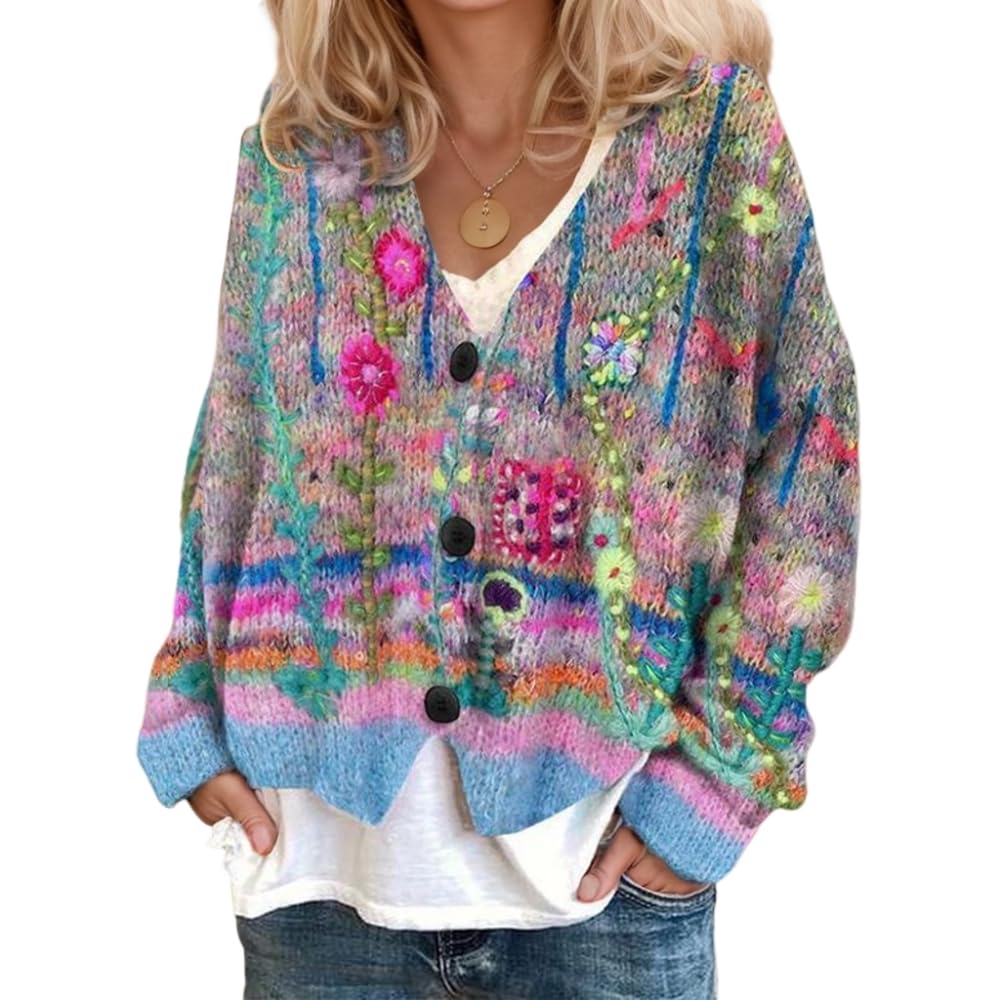 Akivide Women's Colorful Floral Print Long Sleeve Cardigan Casual Loose Open Front Button Down V Neck Knitted Coat Outwear