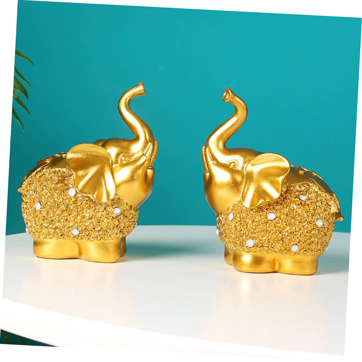 Scultura di Elefante in Resina Dorata 2 Pezzi Base Piatta e Lavorazione Fine, Ornamento Decorativo per Interni e Scrivania, per Inaugurazioni e Arredamento Casa