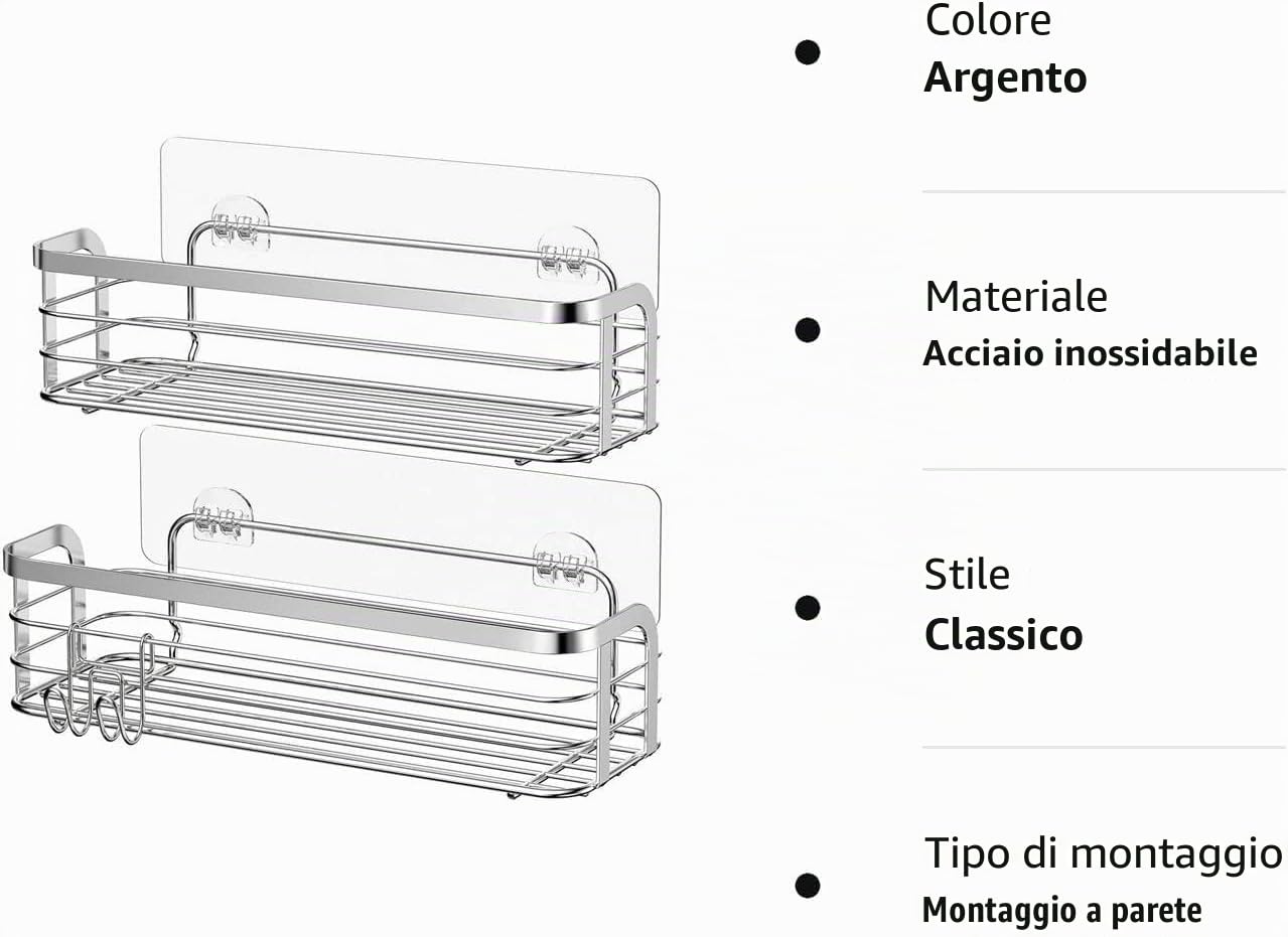 Avoalre Set di 2 ripiani per doccia, in acciaio inossidabile, con gancio per WC, cucina, senza foratura, set da 2