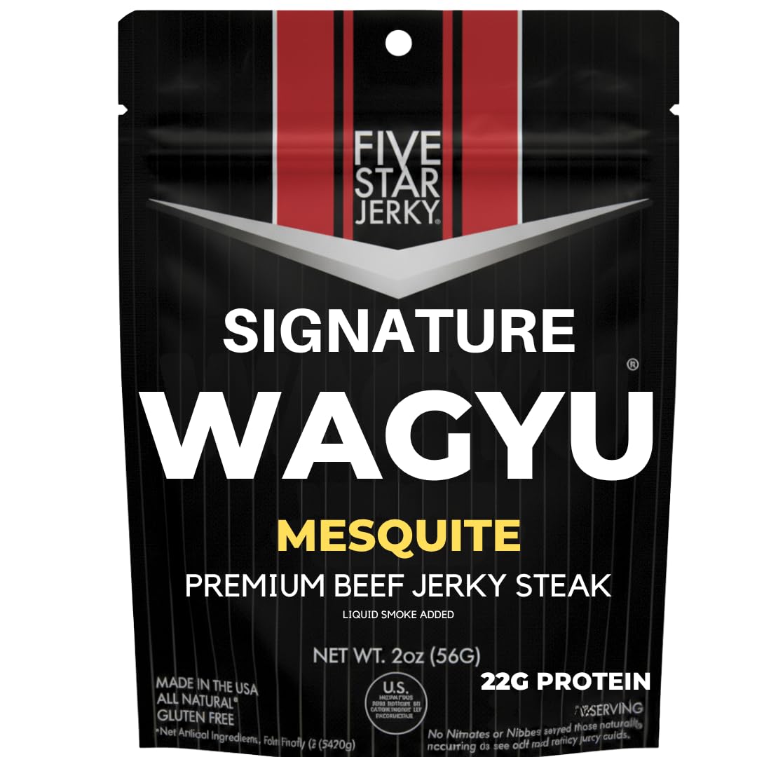 Five Star Wagyu Variety Beef Jerky, Soft & Mouth Melting Tender, Award-Winning Premium Snack, No Artificial Ingredients, Premium Gift Snack, Nitrate/Nitrite-Free, Gluten-Free, Wagyu Beef Snacks (2 Ounce (Pack of 6), Mesquite)