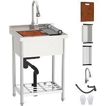 Lordear Freestanding Utility Sink with Faucet,Heavy Duty Stainless Steel | 24 Inch Floor Standing Sink for Outdoor Laundry Garage Kitchen Commercial Backyard Garden