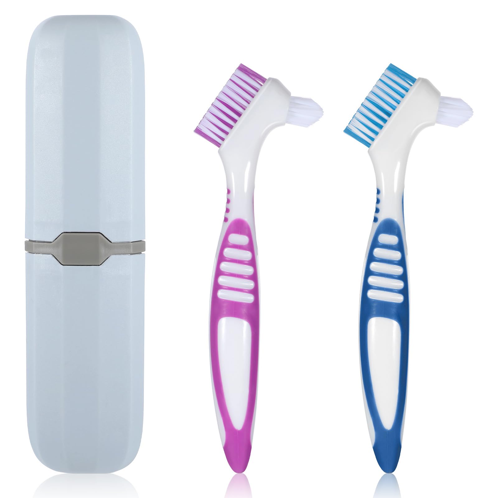 2 pcs denture brush, denture toothbrush with case double sided denture cleaning brush retainer brush, multi-layered soft bristles and rubber anti-slip handle for denture clean teeth maintenance
