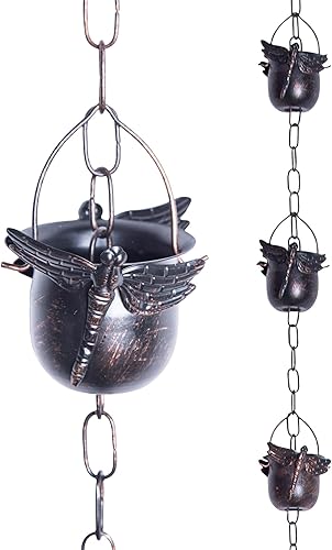 Miniatura 7 de DUSVALLY Cadena de lluvia, cadena de lluvia de libélula de metal de 8.5 pies, repuesto funcional y decorativo para canalones, desviación de agua y