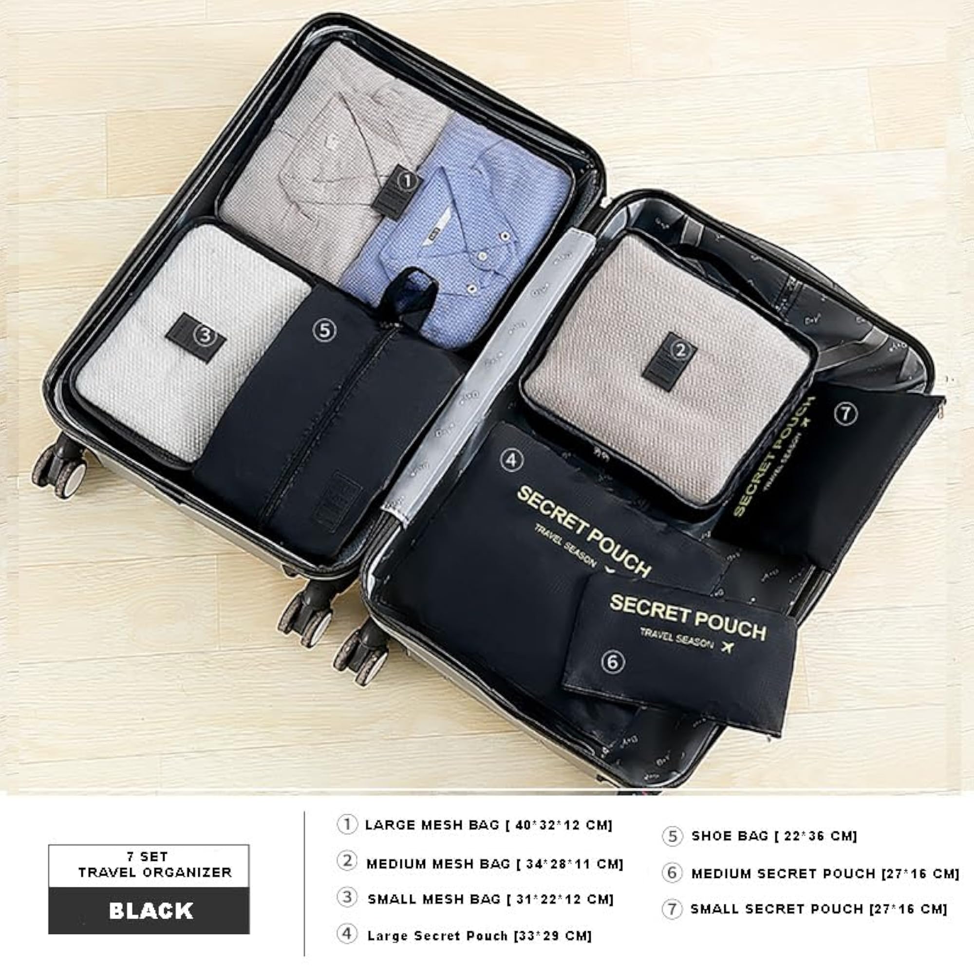 Travel Organizer 7 pc Pouch Packing Cubes for Clothes