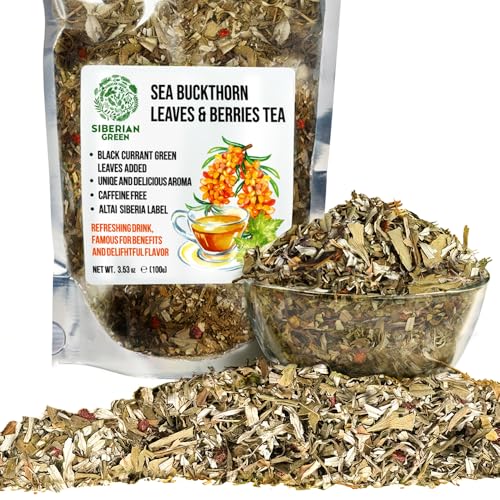 Té de espino cerval de mar verde siberiano, 100 g, con hojas de grosella negra secas al sol, Hippophae, montañas de Altai cosechadas salvajemente