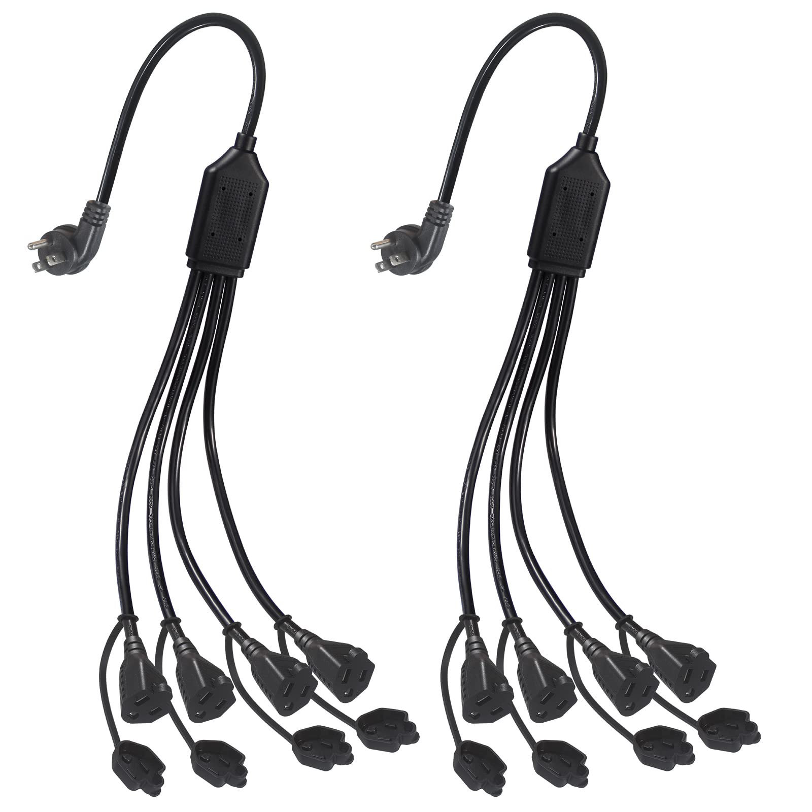 KUNCAN 4 Way Power Splitter - 45 Degrees Lower Right Corner Downward Angled US Flat Plug 1 to 4 Extended Outlets Male to Female SVT 16AWG Extension Cable Strip for Home, Office, School (Black 2-Pack)