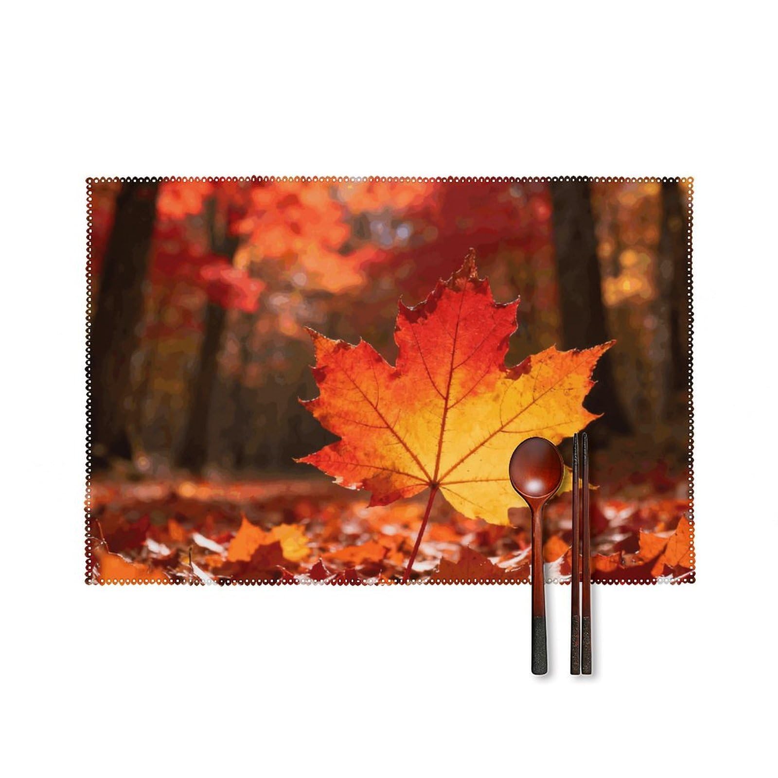 Fall Maple Leaves Placemats Set of 6, 12x18 Inch Heat Resistant Washable Canvas Table Mats, Stain Resistant Decorative Dining Placemats for Kitchen, Restaurant, Outdoor Party
