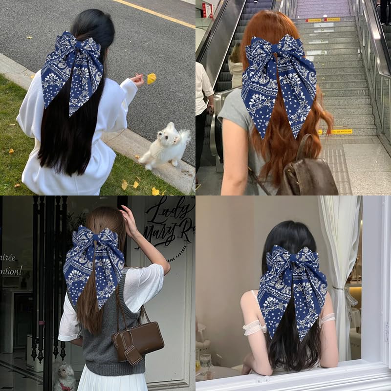 Navy Blue Bandana Print Bow Hair Clip for Women Girls Large Hair Bows for Girls Women French Paisley Barrette Hairpins for Thick Fine Hair Boho Bow Hairpin - Image 4