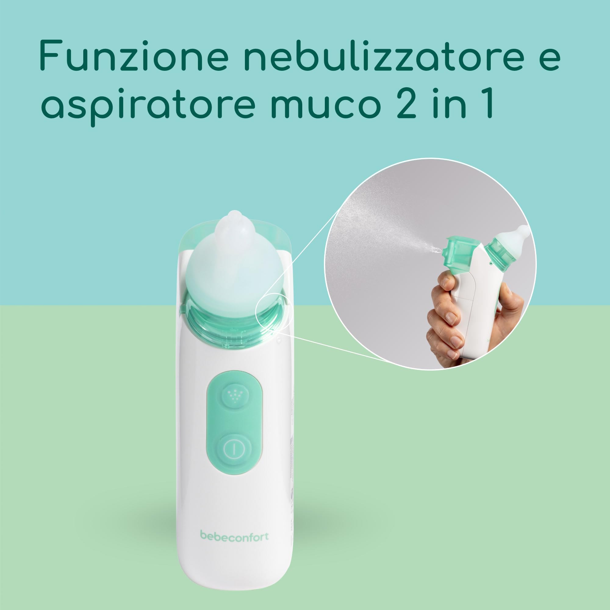Bebeconfort Aspiratore Nasale Neonato Elettrico, 0 mesi +, Nebulizzatore e Aspiratore 2 in 1, Pulizia Naso Neonato Rapida e Silenziosa, 2 Ricambi Morbidi in Silicone, Facile da Pulire