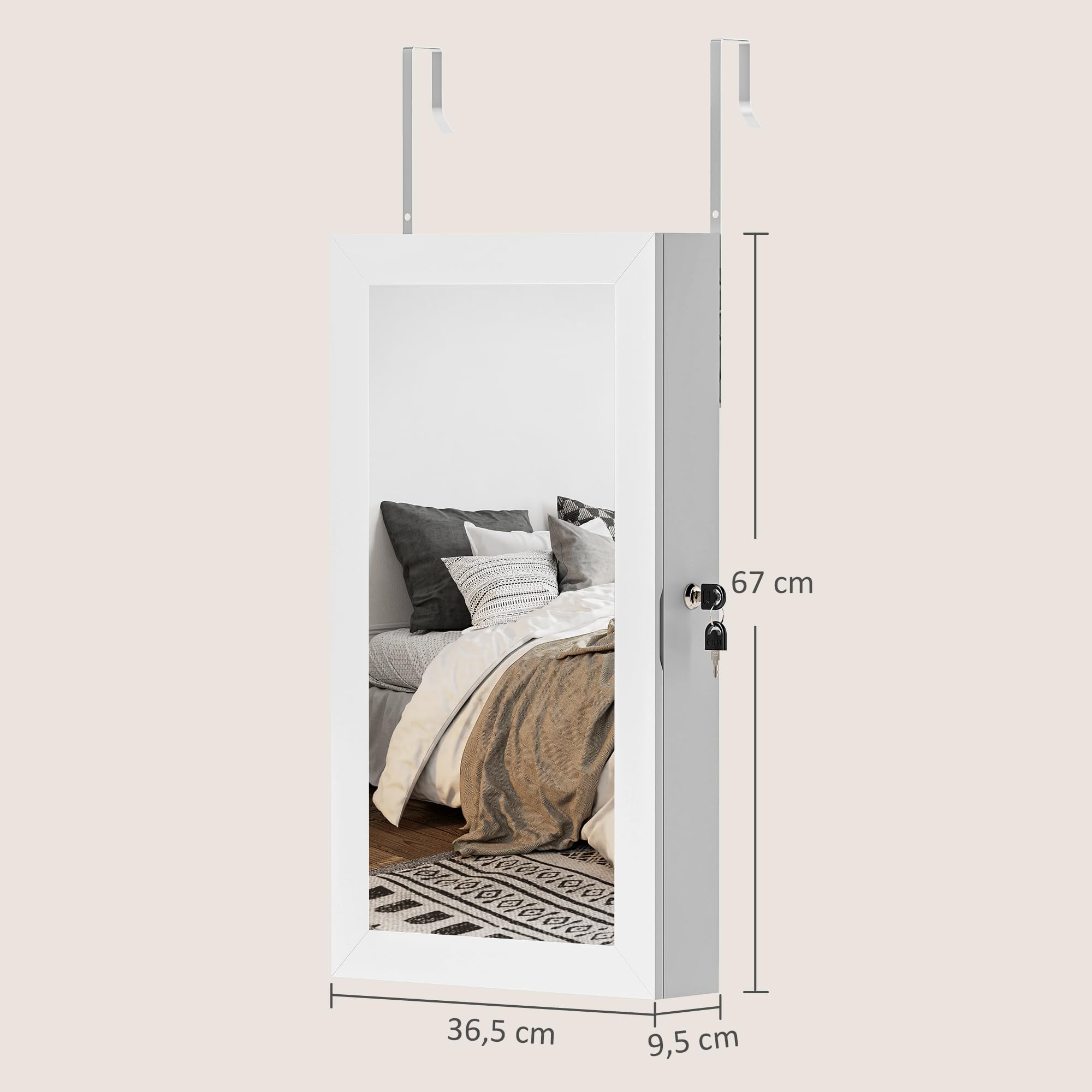 HOMCOM Espejo Joyero de Pared Armario para Joyas con Cerradura y Varios Compartimentos Montar en Pared o Puerta para Pendiente Collar Anillo Pulsera Blanco y Forro Crema