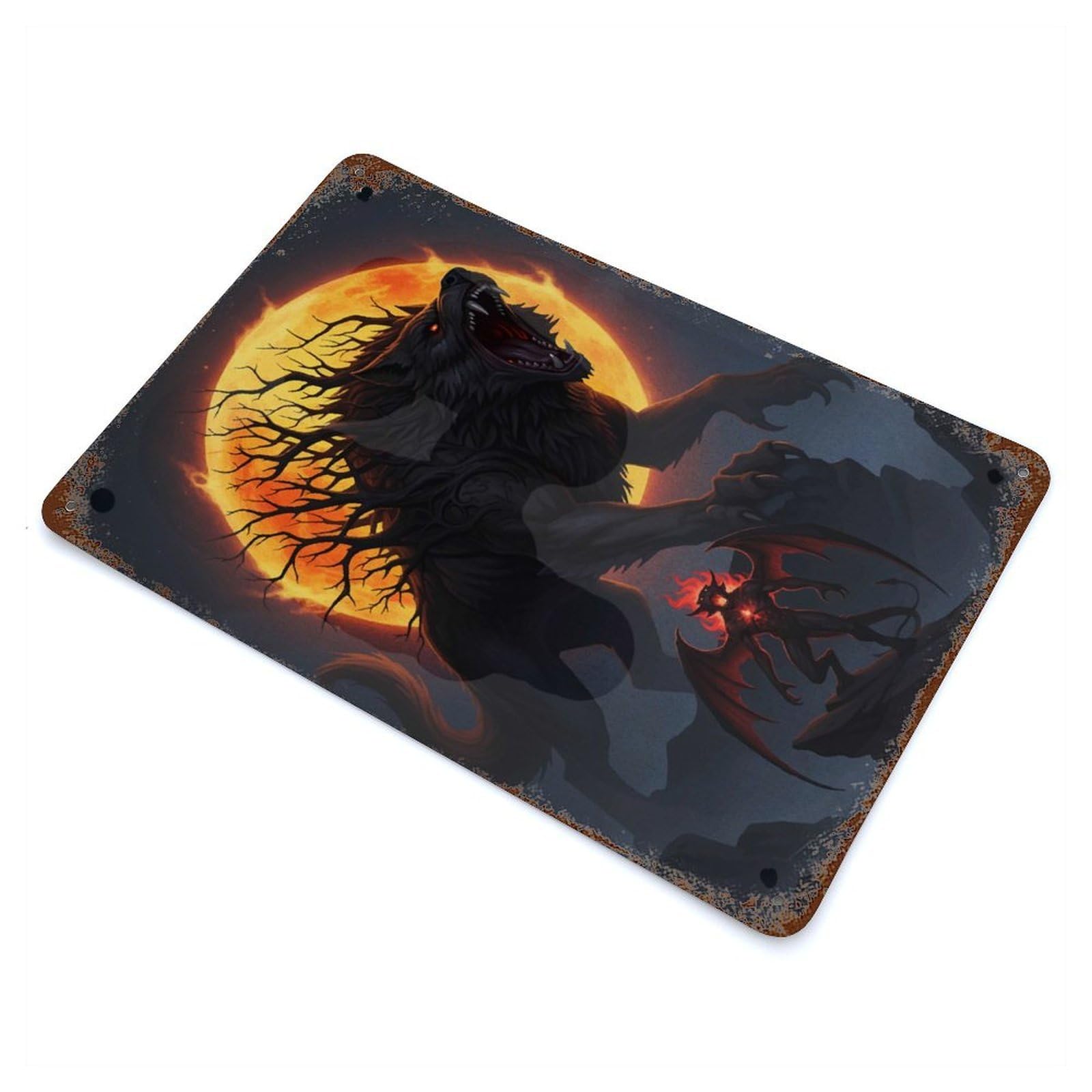 Garage Style Werewolf And Demon Under Fiery Moon Aged Metal Wall Plaque 11.8"x7.9", Decorative Metal Wall Art for Bar And Workshop