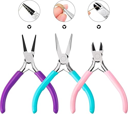 Miniatura 6 de Juego de 3 alicates para hacer joyas, alicates de nariz redondapunta de cadena y cortadores de alambre para envolver alambres, fabricación de aretes