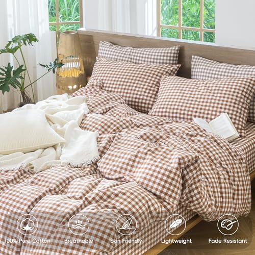 Image of MooMee Gingham Duvet Cover Set 100% Washed Cotton Linen Like Textured Breathable Durable Soft Comfy Modern Checkered Design (Dark Orange Gingham, Full 80 inchx90 inch)