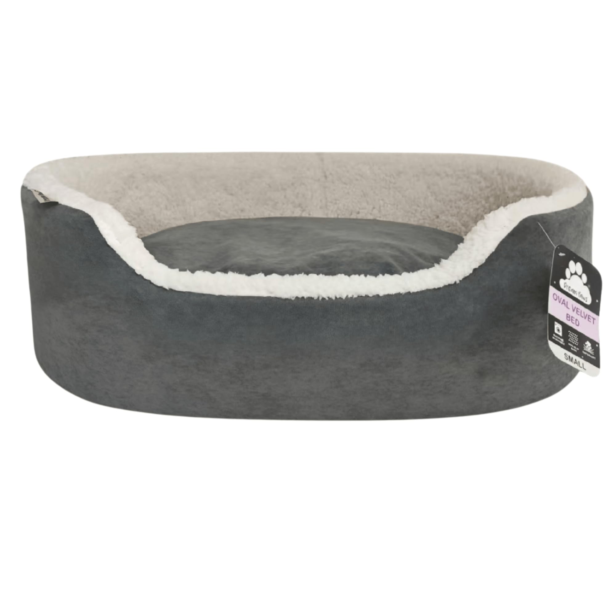 Dream Paws Large Oval Dog Bed, Round Velvet Washable Dog Sofa, Super Soft Cosy Sherpa Lined Puppy Bed Donut, Removable Cushion, Non Slip Base, Medium Large Breeds, Grey, L80xW60xH19cm