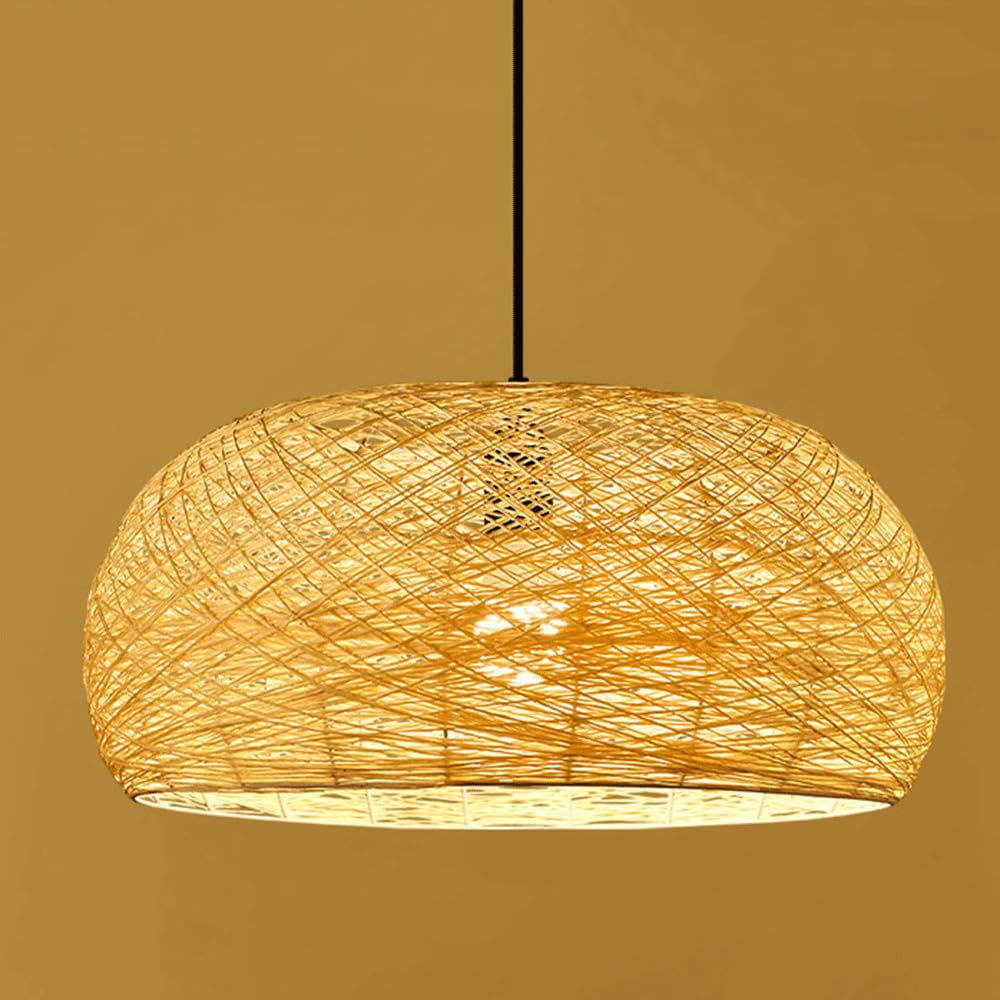 CHUNGYANG E27 Screw Hanging Lamp Hand Woven Farmhouse Bedroom Living Room Pendant Light Wabi Sabi Style Bamboo Rattan Chandelier with Adjustable Suspension Line Minimalist Restaurant Pendant Lamp