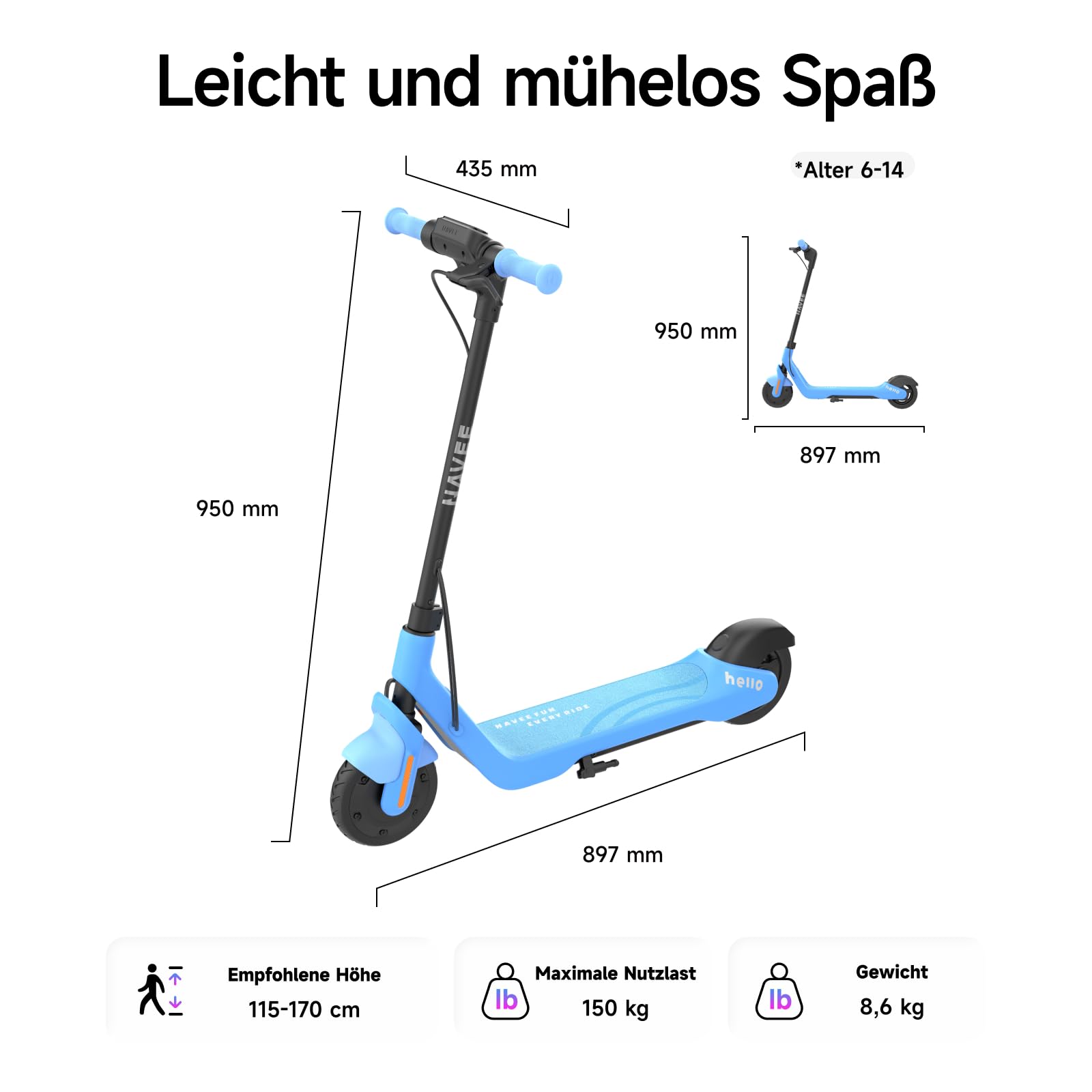 NAVEE K100 K100 Max E-Scooter Kinder ab 6 Jahre - 16 km Reichweite, 16 km/h, 50 kg Belastbar, IPX4 Wasserdicht, Bluetooth-Lautsprecher, RGB-Ambientelicht, faltbar & App-Geschwindigkeitskontrolle