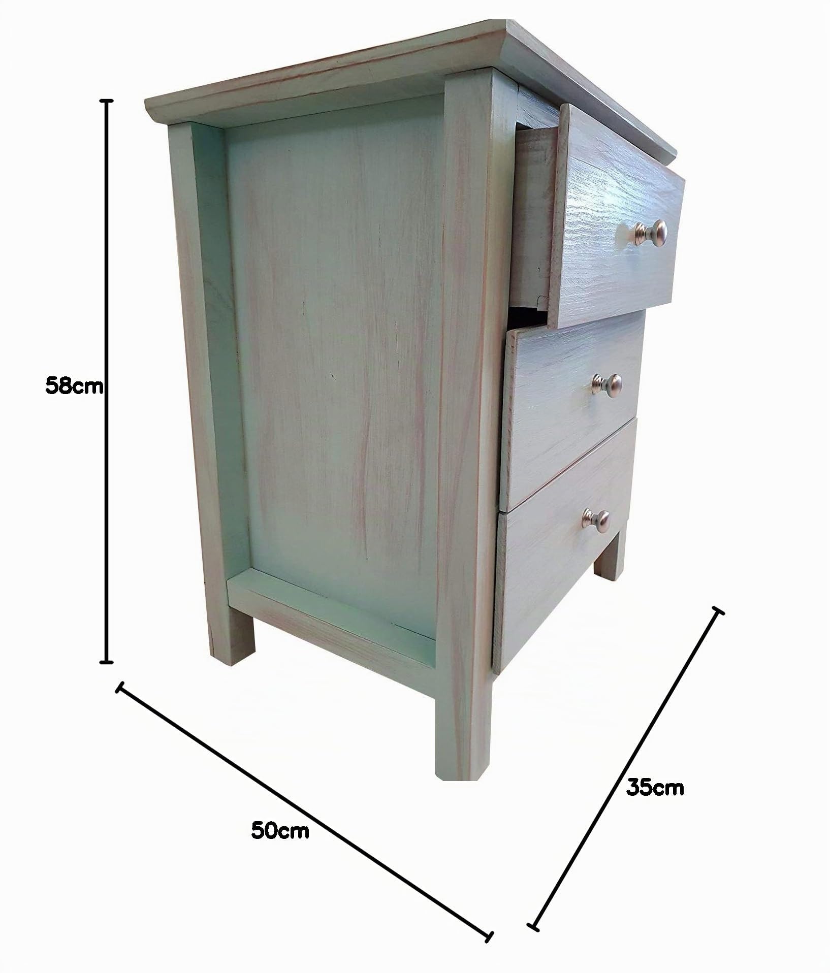 Mesita de Noche de 3 cajones Fabricada en Madera de Pino Silvestre acabada en Verde Turquesa Envejecido no Requiere Montaje