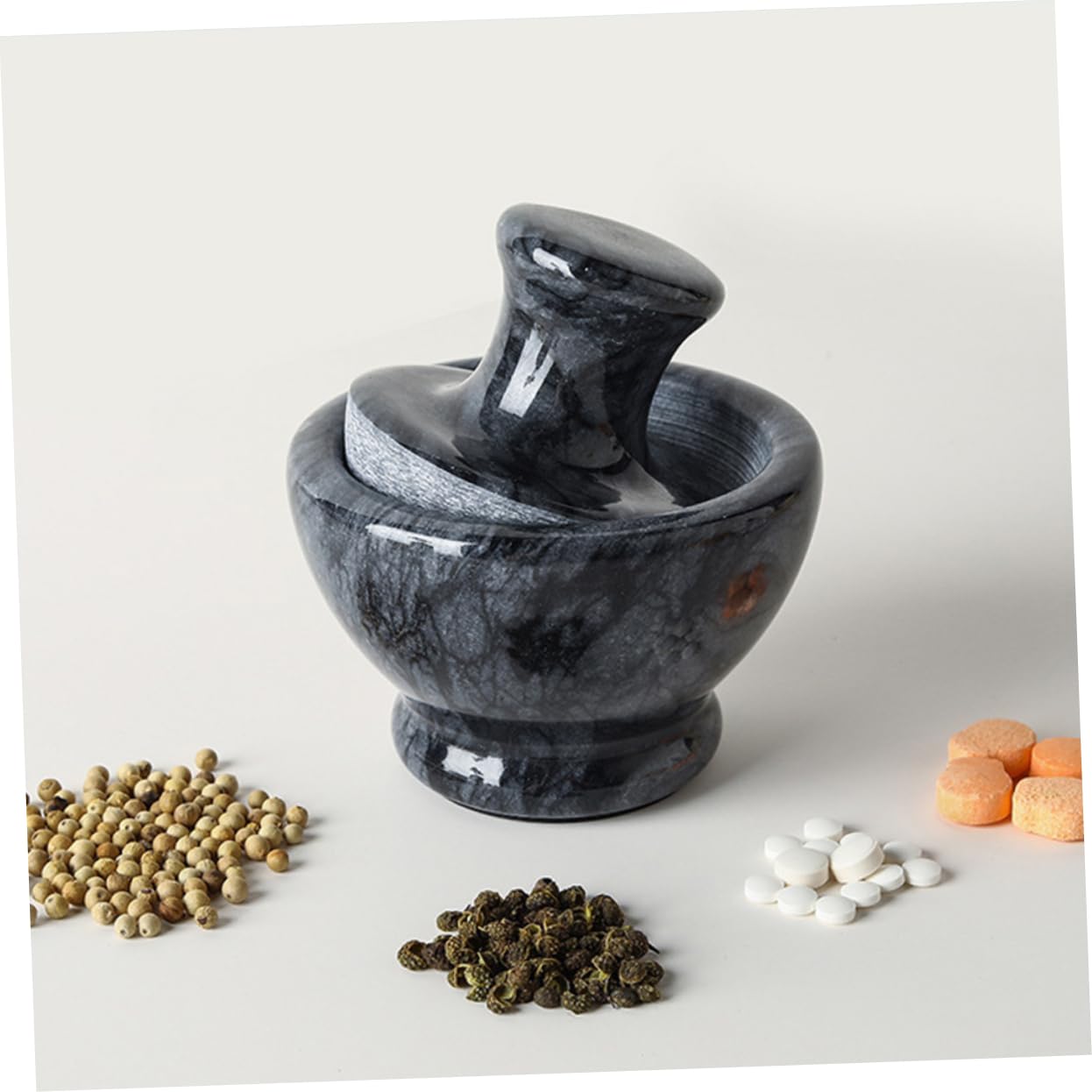 Alipis Mortaio in Marmo Nero Pestello, per Spezie, Aglio e Compresse; Superficie Liscia, Uso in Cucina in Farmacia, Ergonomico