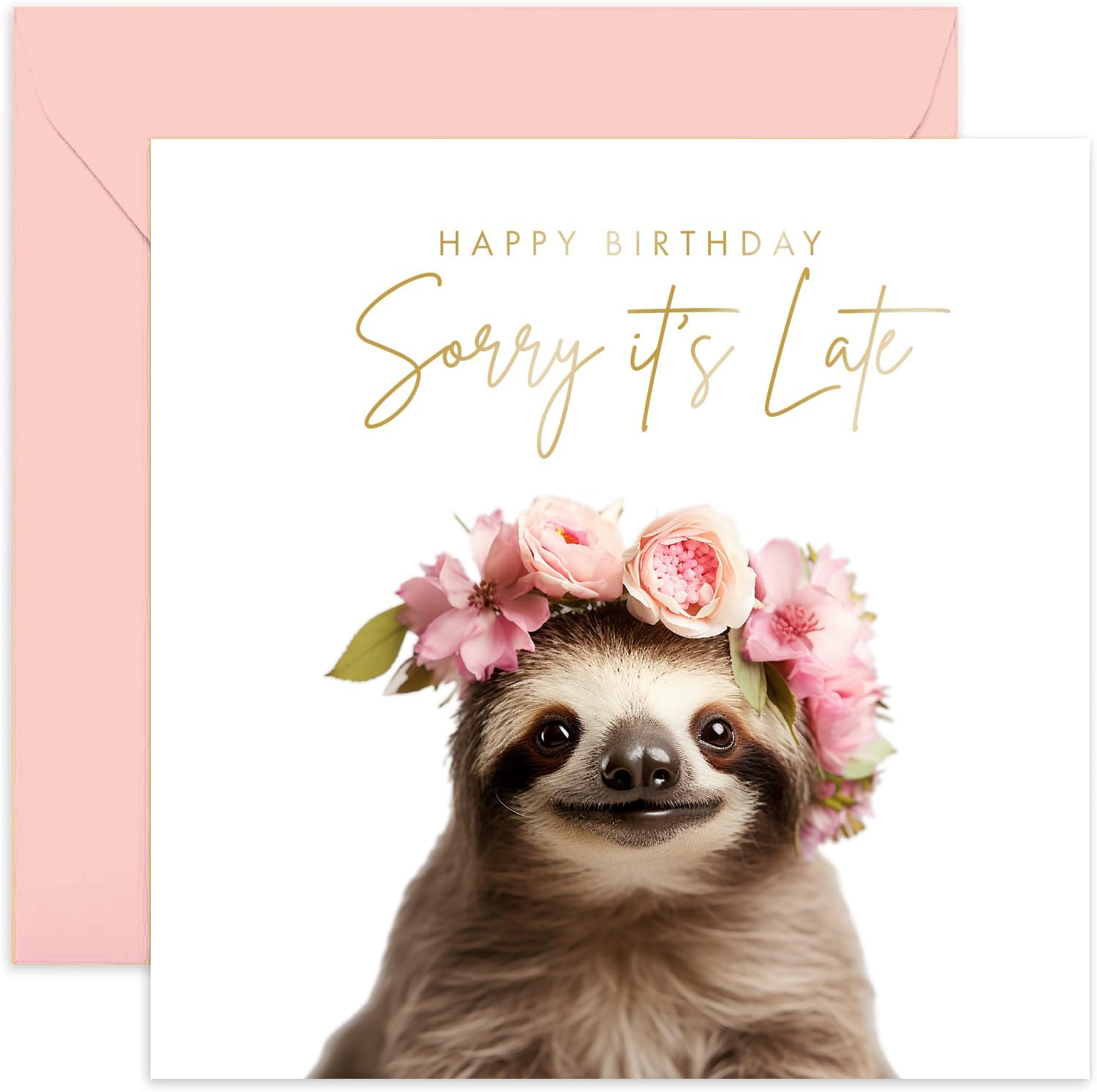 Old English Co. Fun Belated Birthday Card for Her - Sloth Birthday Card Sorry It's Late - Humorous Delayed Birthday Card Gift for Friends and Family | Blank Inside Envelope