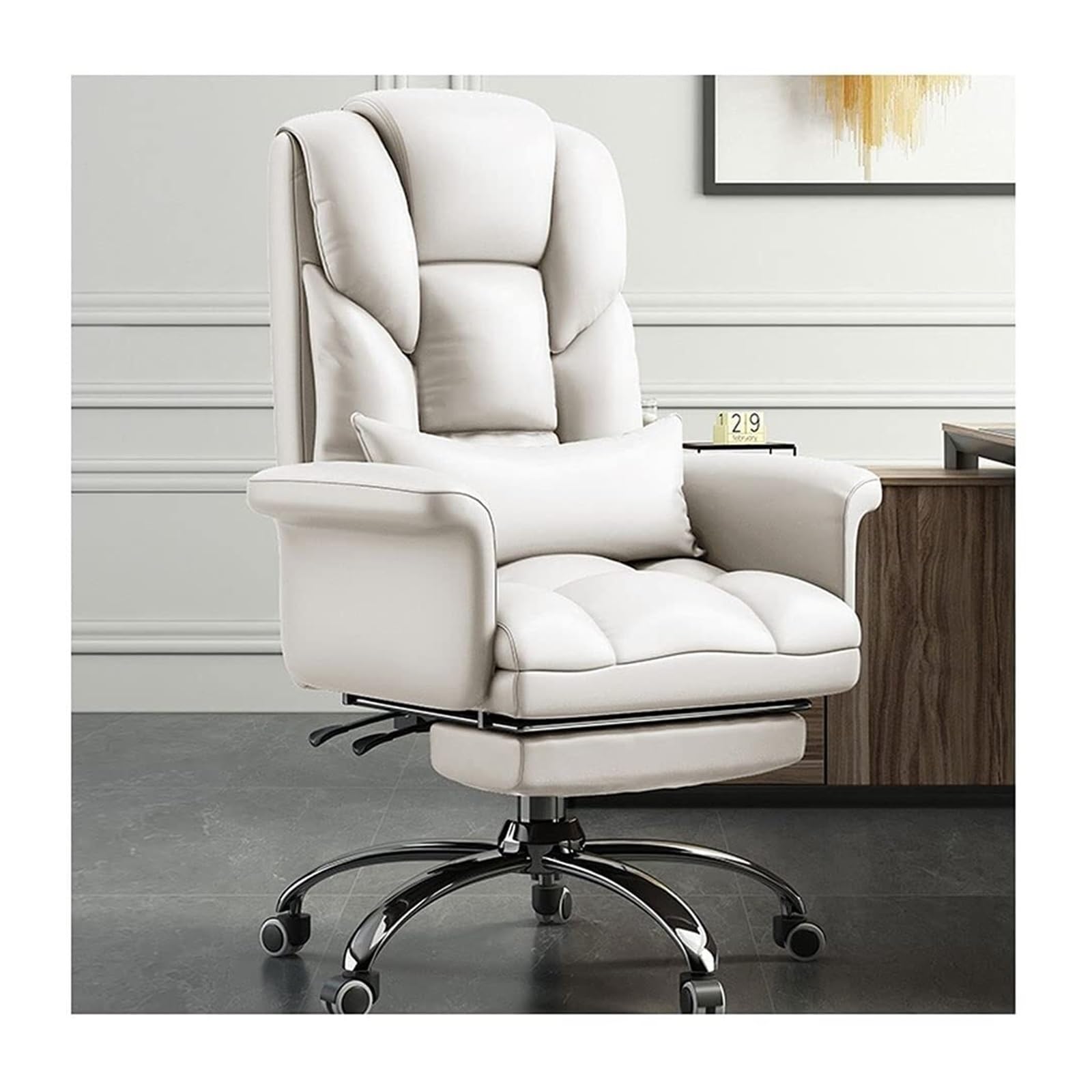 HTTGDGDH High Back Executive Chair - Pu Leather Office Chair With Swivel Rocking Function Adjustable Height & Footrest - Ergonomic Support For Home & Office Brown,White+footrest