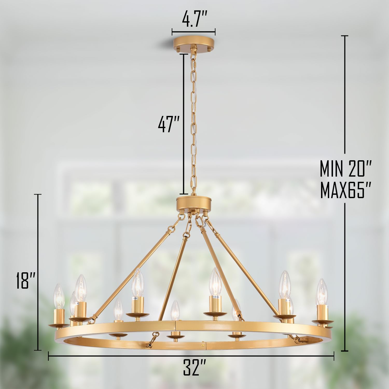 12-Light Gold Wagon Wheel Chandelier, 32 inch Farmhouse Round Wheel Chandeliers High Ceilings Hanging Light Fixture Outdoor Chandelier for Porch, Foyer, Dining Room, Living Room
