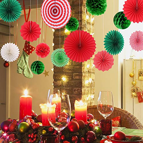 Hanging Party Decorations Set Tissue Paper Fan Paper Pom Poms Flowers and Honeycomb Ball for Christmas Wedding Engagement Graduation Party Decor Green Red Kit - Image 7