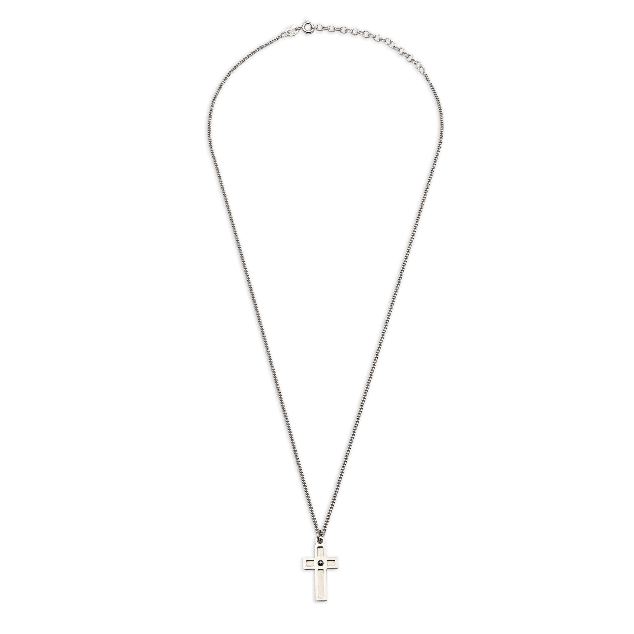 AKA Gioielli - Collar con Cruz para Hombre y Mujer en Plata de Ley 925 Chapada en Rodio, colgante con cristal de Hematita, cadena ajustable de 45-50 cm, joya hipoalergénica, idea regalo elegante
