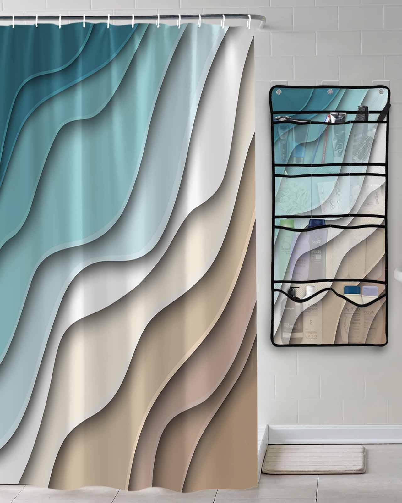 Shower Curtain Mesh Shower Organizer Hanging Set Abstract Geometric Teal Brown Gradient Waves Beach Waterproof Shower Curtains with