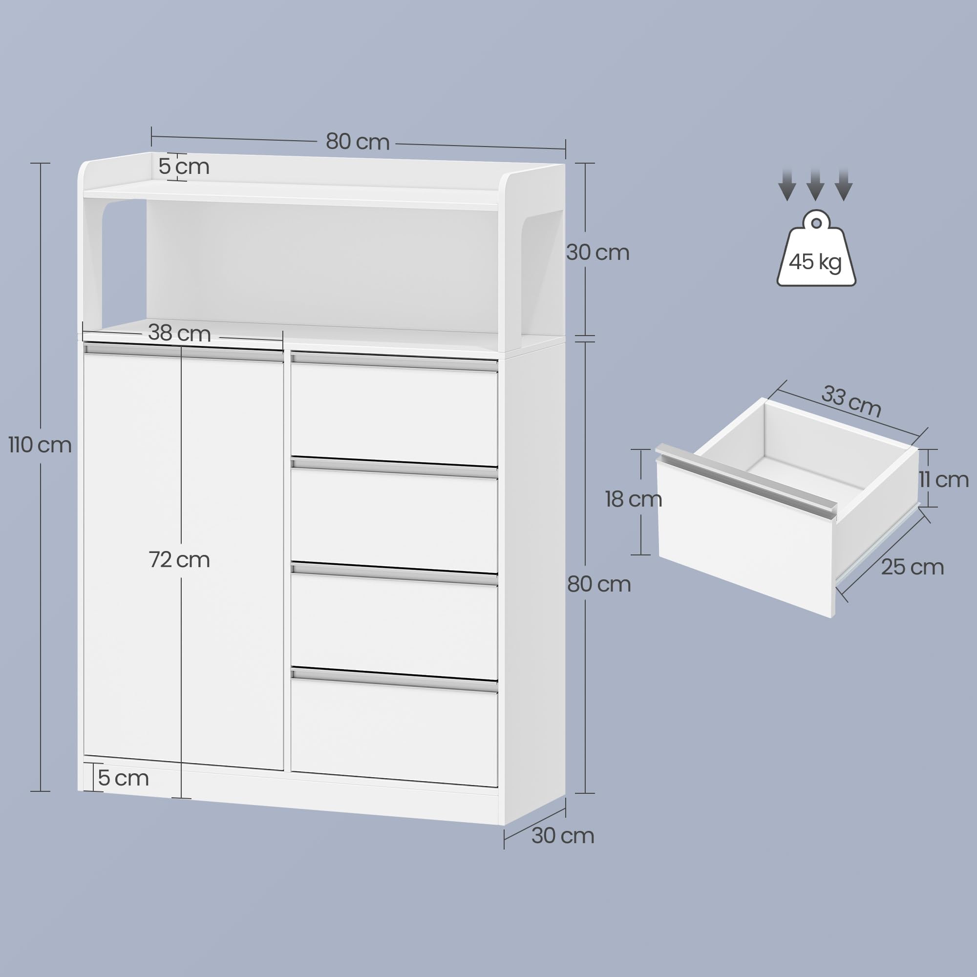 HEXCELEN Mobile da Bagno, Armadietto Autoportante, con 4 Cassetto e Ripiano Regolabile, Armadietto da Salvaspazio con Cassetto Spazioso, per Bagno, Soggiorno, Corridoio, Bianco, 30 x 80 x 110 cm