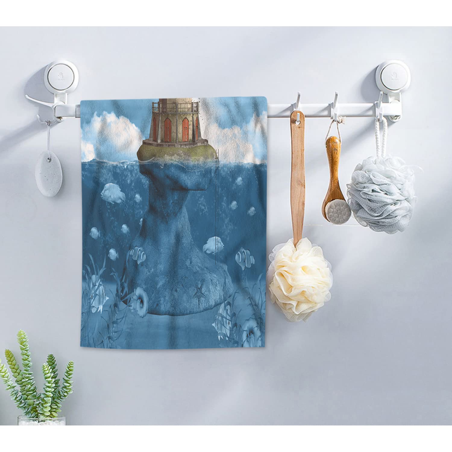 Lighthouse Hand Towel – Aqua Blue Ocean Design, Soft Microfiber, 15x30 Inches - View #2