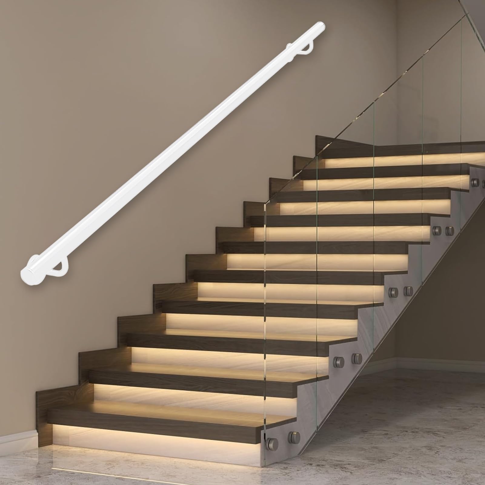 Corrimano in Tubo Tondo per Scale｜Corrimano per ringhiera in Metallo con Supporto a Parete｜Corrimano per Scale Bianche per Loft, Ville, corridoi, Interni ed Esterni(510cm)