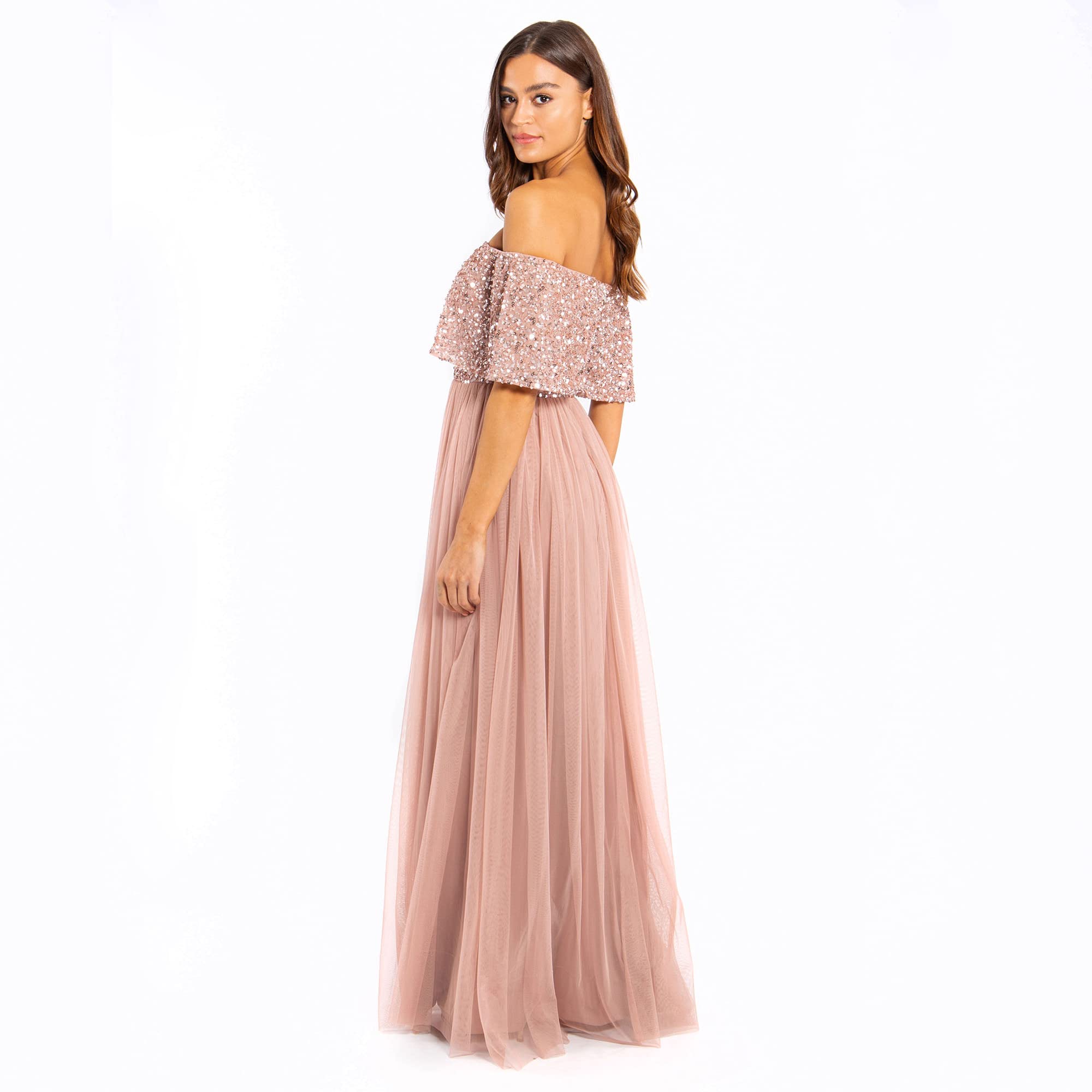 Maya Deluxe Miękka szara sukienka bardot Embellished Maxi dla druhny, kobiety