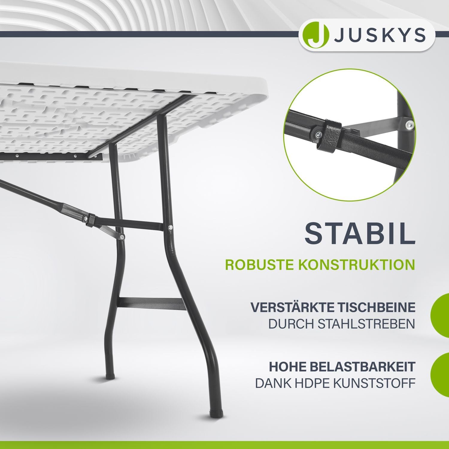 Close-up of the reinforced steel legs of the Juskys XL Foldable Buffet Table, emphasizing stability and high load capacity.
