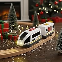 Vista 2 de NUOBESTY Tren de control remoto para pista de madera, funciona con pilas, motor motorizado con sonido e iluminación, conexión magnética, juguete