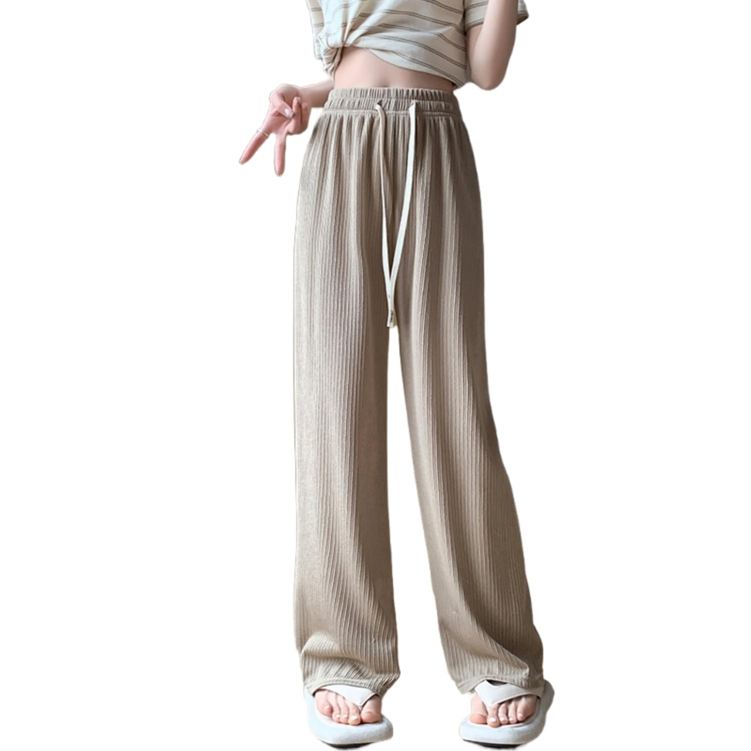 Womens ice Silk Wide Leg Pants with Drawstring Anti Pilling Anti Wrinkle Breathable and Quick Drying