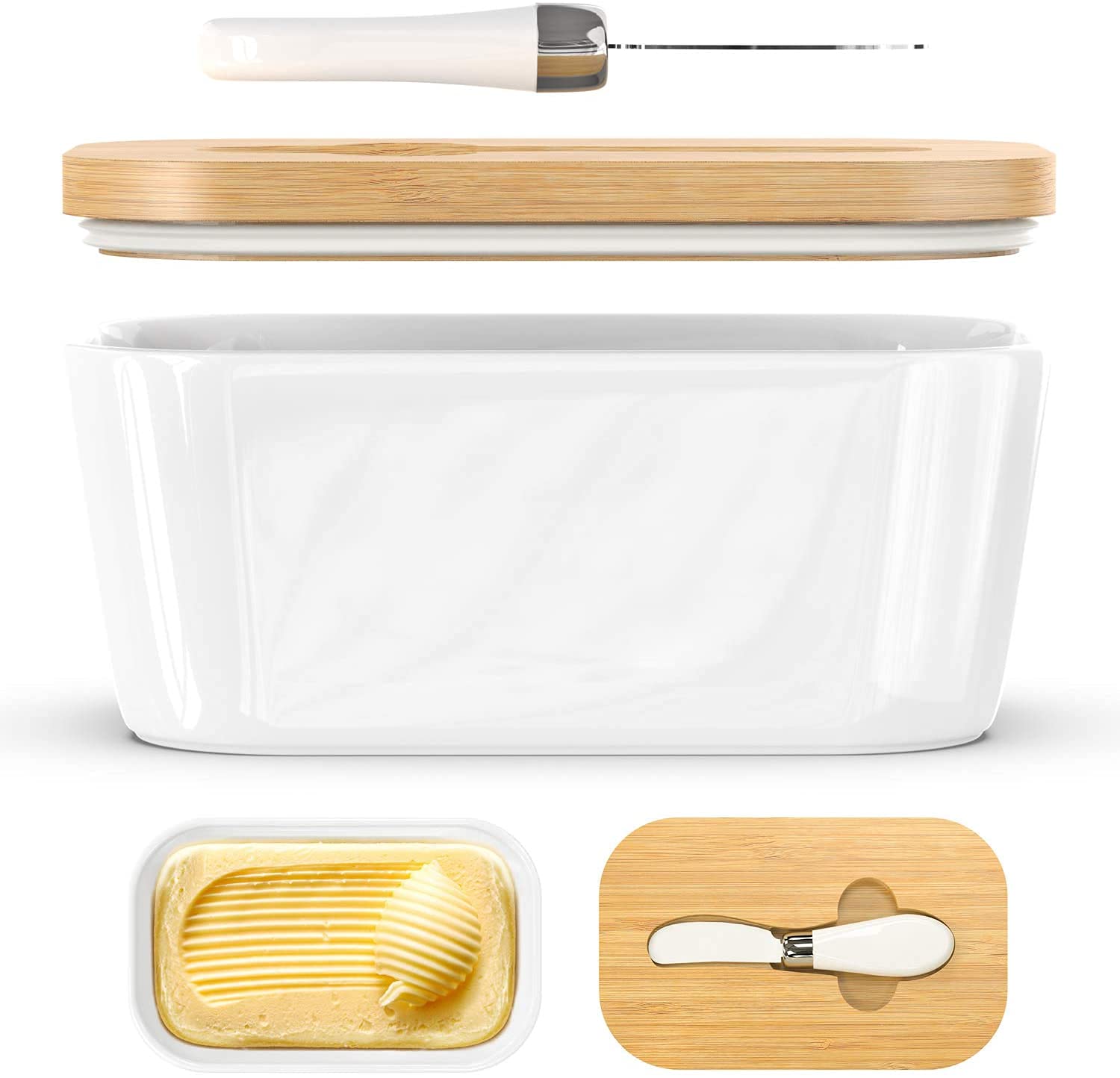divine man Butter Dishes Box Premium Quality Elite Range Heavy Fine Porcelain Butter Box,Butter Dish with Wooden Top Cover,Lid with a Knife -600 ML 1