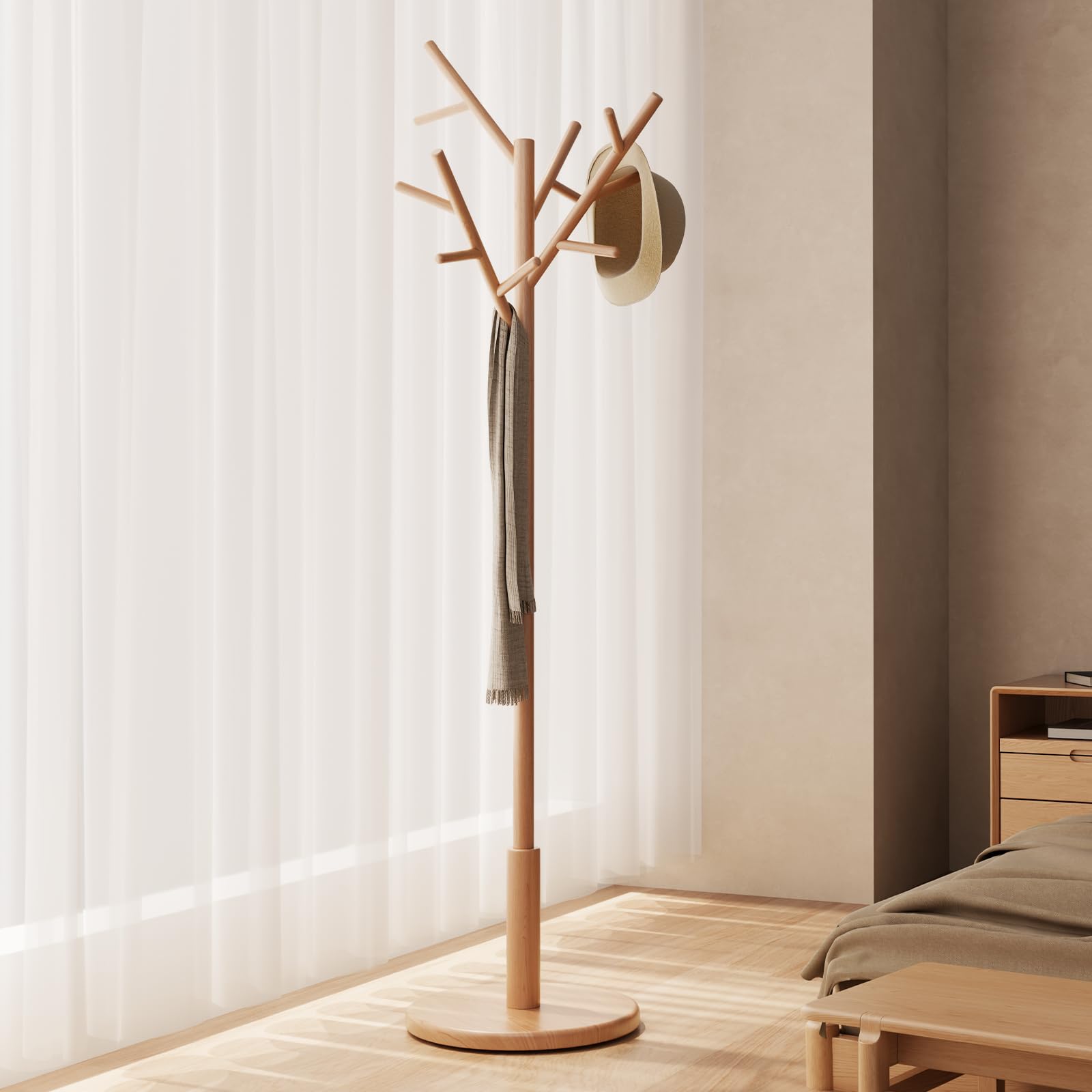 AQIMUELE Coat Stand, Wooden Coat Rack, Freestanding Stand with 12 Hooks, 3 Heights for Clothes, Hats, Bags, Coat Stands for Hallway, Small Space, 180H cm (Natural)