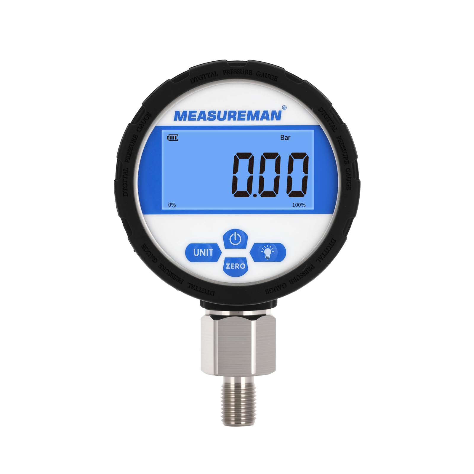Manomètre industriel numérique, cadran 80 mm, raccord inférieur G1/4", boîtier et raccord en acier inoxydable, 0-10 bar, précision 0,4%, alimenté par batterie, avec éclairage LED.