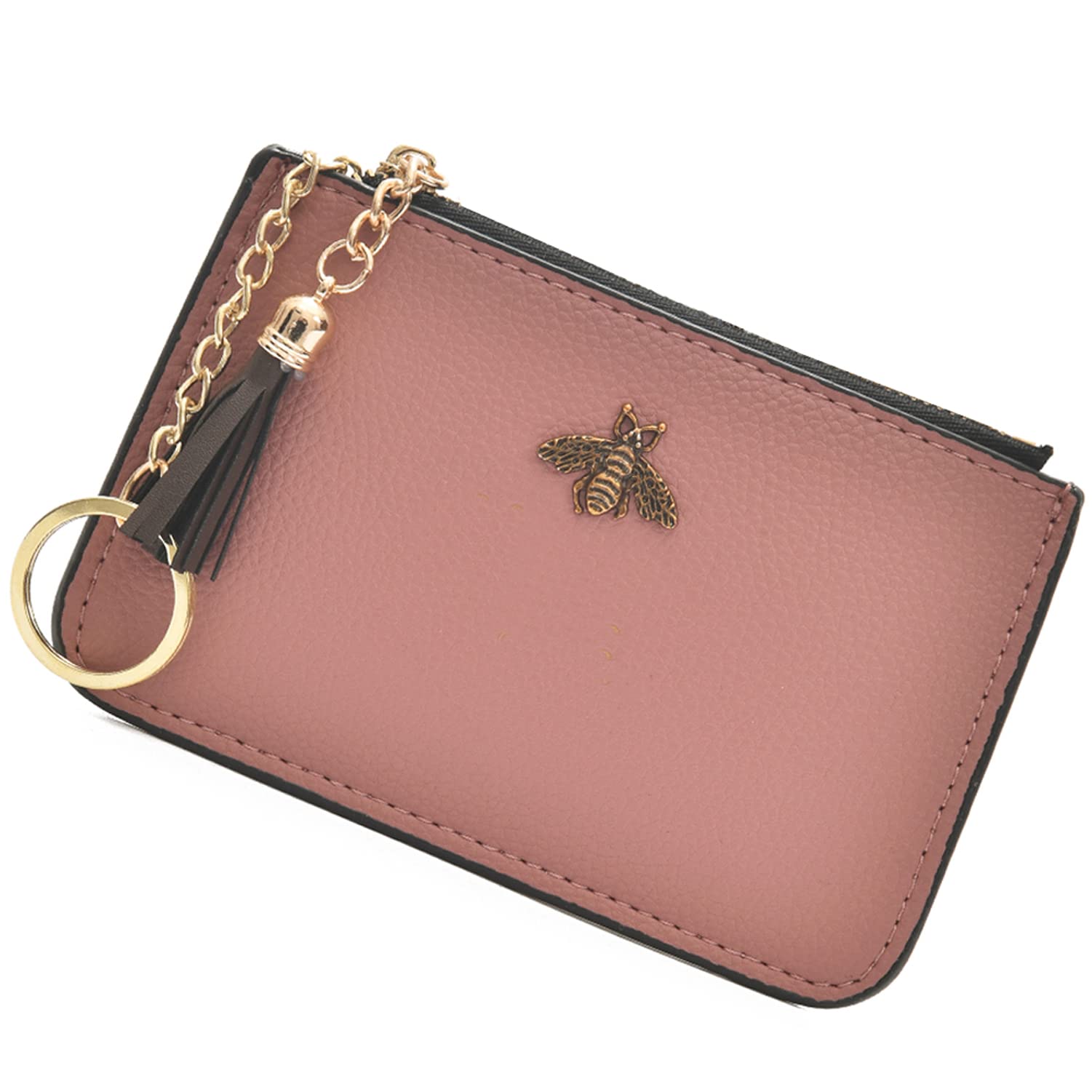 AnnabelZ Coin Purse Change Wallet Pouch Leather Card Holder with Key Chain Tassel Zip(Pink)