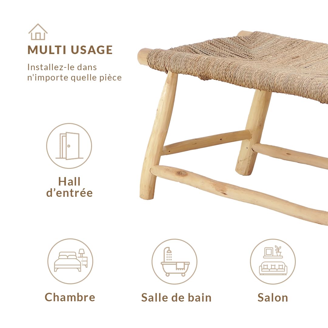 Banc en Bois Massif d'intérieur, Banquette Ethnique Naturelle, Fait Main | Bohème Chic 100cm