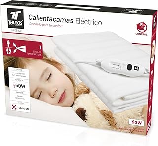 Calientacamas eléctrico en color blanco, dimensiones: 150 * 80 cm, lavable. 2 ajustes de temperatura. Potencia: 60W. THULOS TH-EB300.