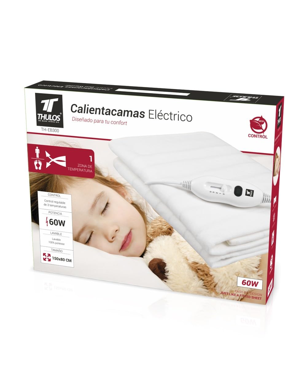Calientacamas eléctrico en color blanco, dimensiones: 150 * 80 cm, lavable. 2 ajustes de temperatura. Potencia: 60W. THULOS TH-EB300.