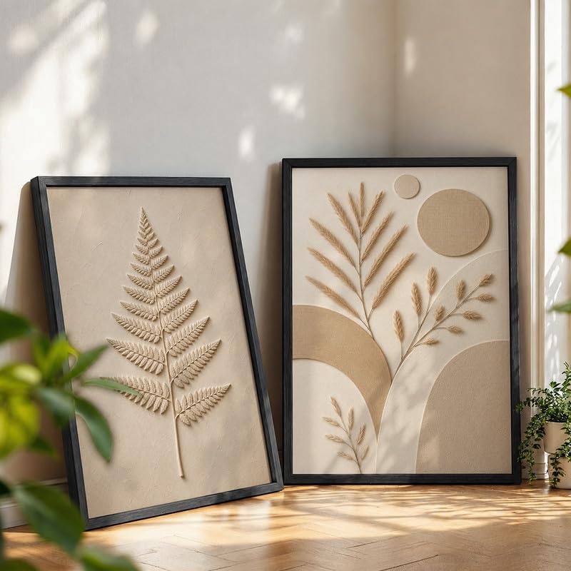 Image of NoWorries Minimal Botanical Wall Painting Set of 2 with Frame | Neutral Beige Fern Leaf & Pampas Grass Abstract Artwork, Soft Nature Wall Decor for Living Room, Bedroom, Office and Home Decoration (Art-16, 10x13inch)