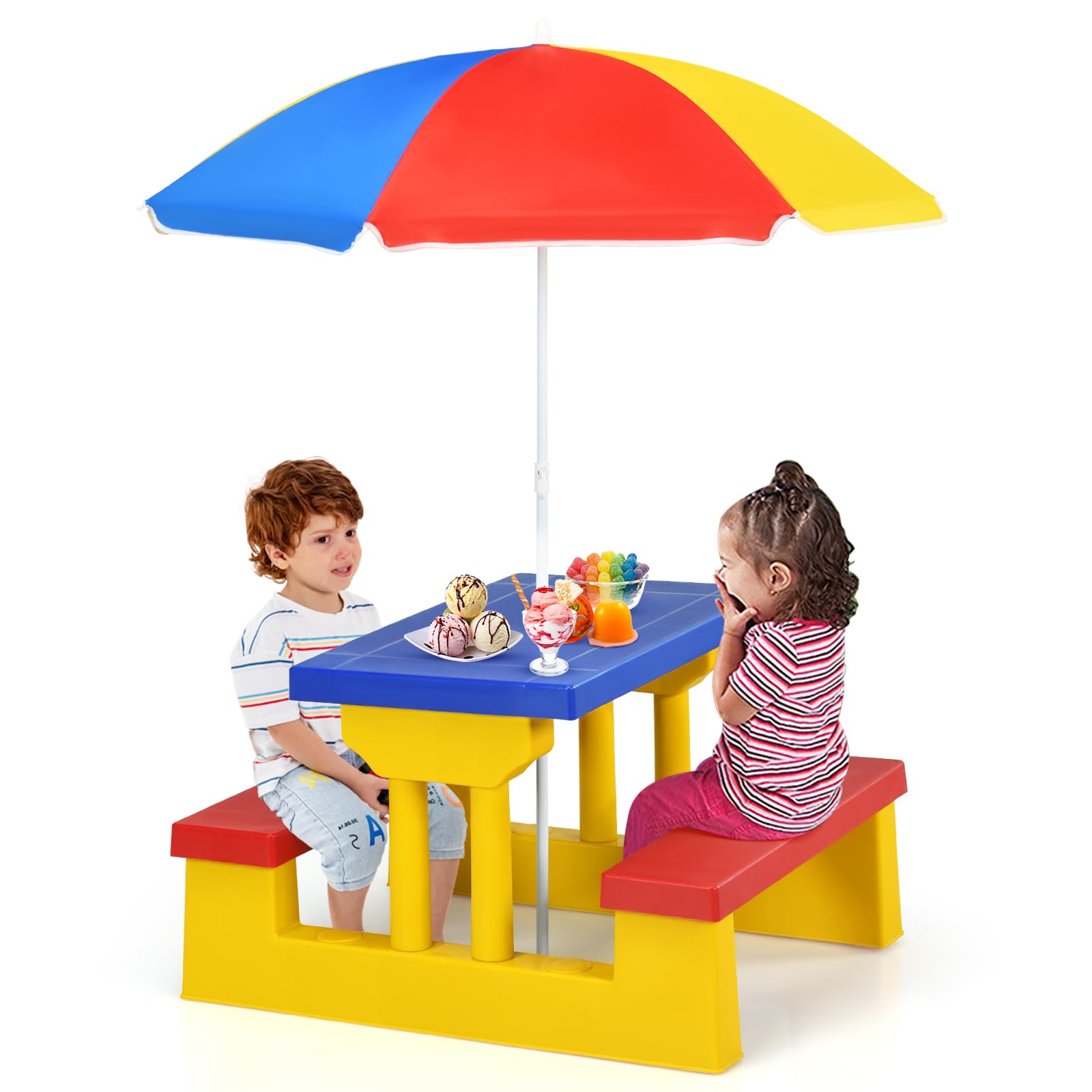 DREAMADE Table de Pique-Nique Enfant avec Parasol Amovible,Table Exterieur Enfants avec Banc,Matériau PP,pour Jardin,Terrasse,Patio,Balcon,67X41X47CM (Rouge + Jaune + Bleu)