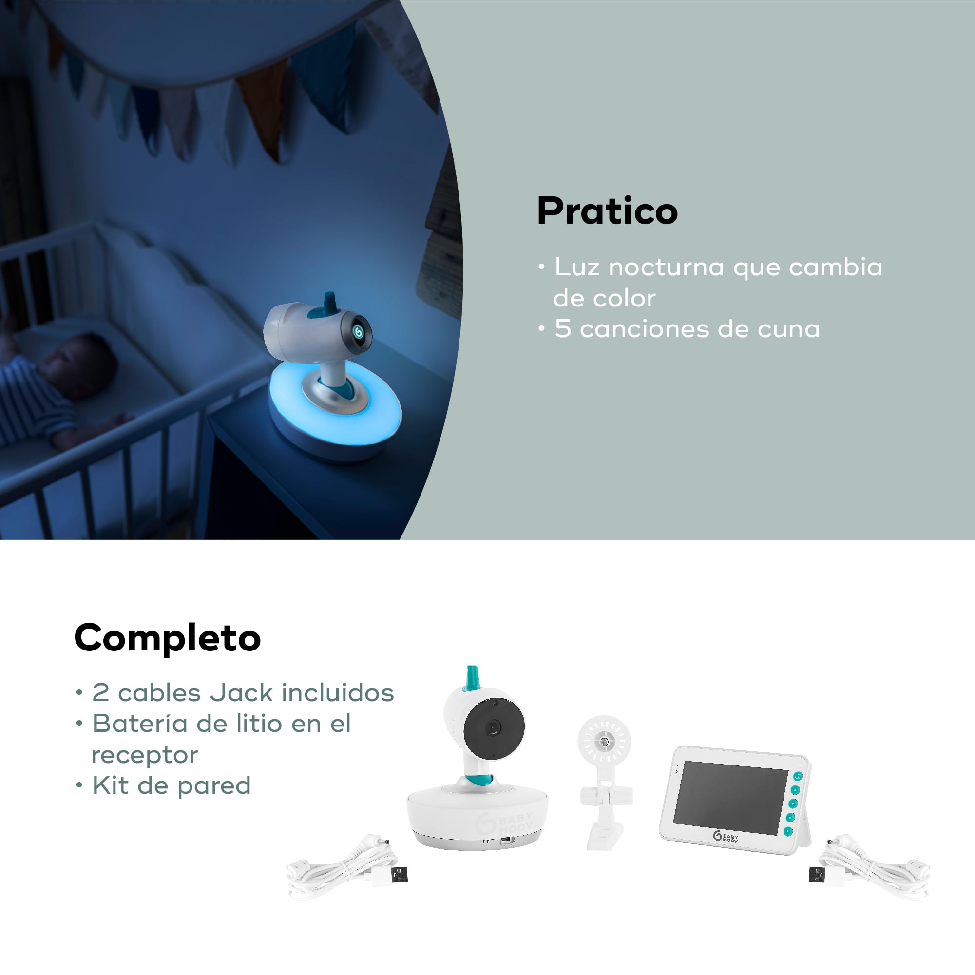 Babymoov YOO Moov Vigilabebé con Cámara Motorizada, Pantalla LCD Color de 4.3", Visión Nocturna, Rotacion 360°, Lamparita y Nanas, Alcance 300 m