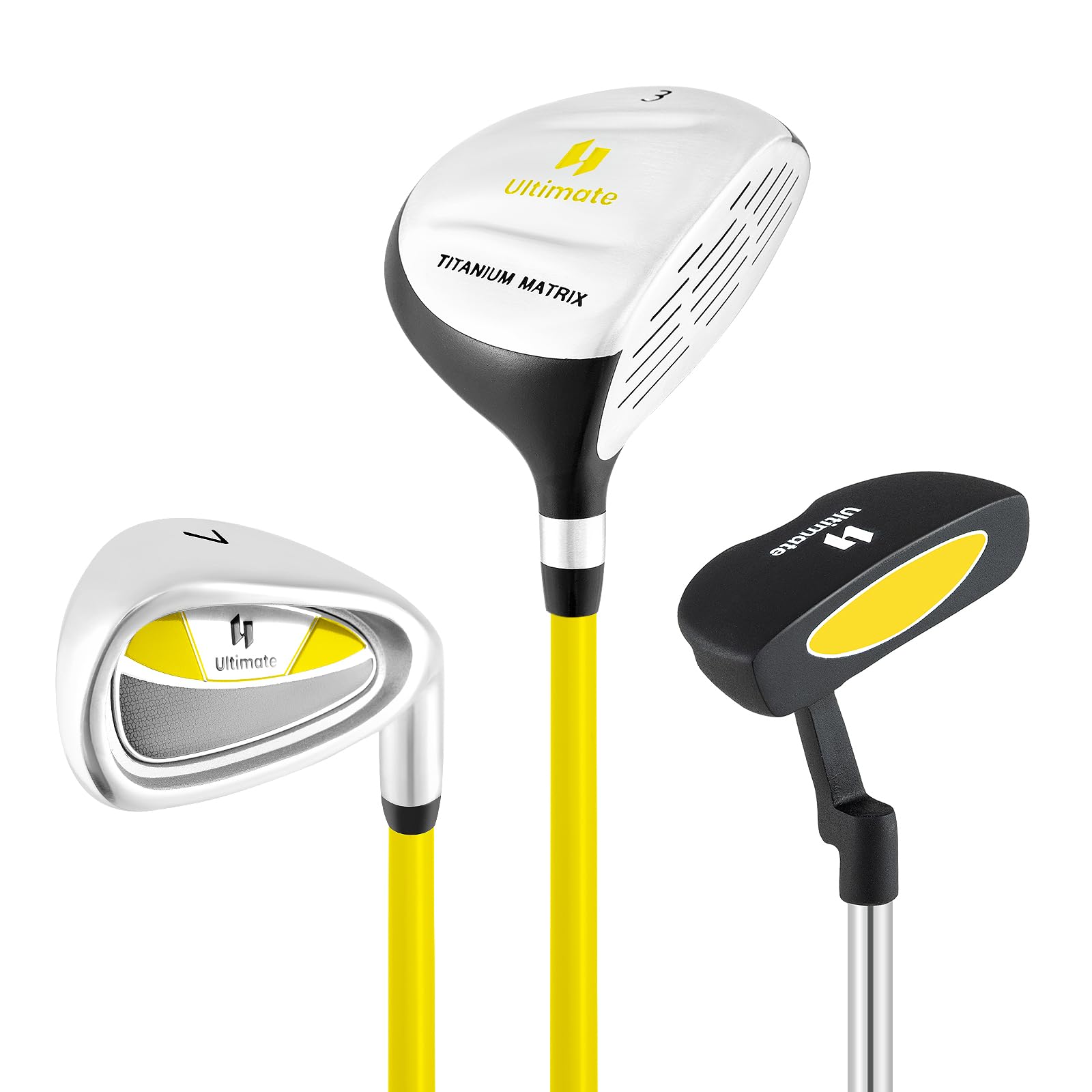ULTIMATE Kids Golf Clubs Set, 3 Pieces Junior Practice Golf Clubs for Boys and Girls - Includes 165CC #3 Fairway Wood, #7 Iron, Putter & Head Cover, Right Handed (Yellow, Age for 8-10)