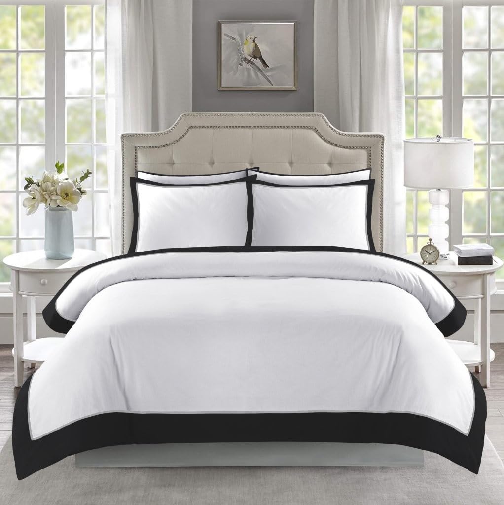 Lions White Bedding Set - 3 PC King Size Duvet Cover Sets with 2 Matching Pillowcase, Poly Cotton Soft Breathable Hotel Quality Quilt Covers, Border Striped Pattern, Black, 230x220cm