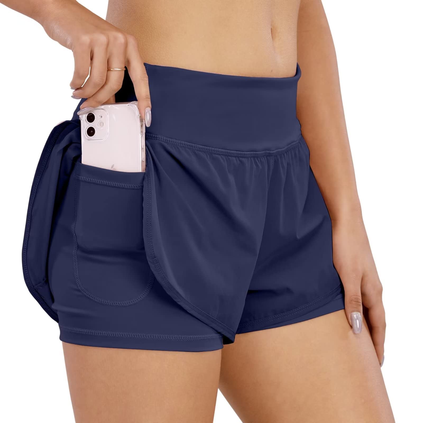 COTOP Pantalones Cortos de Running para Mujer, 2 en 1 Short Deportivo Mujer con Bolsillo, Pantalones Cortos de Verano de Cintura Alta y Secado Rápido para Fitness, Jogging, Gimnasio y Entrenamiento